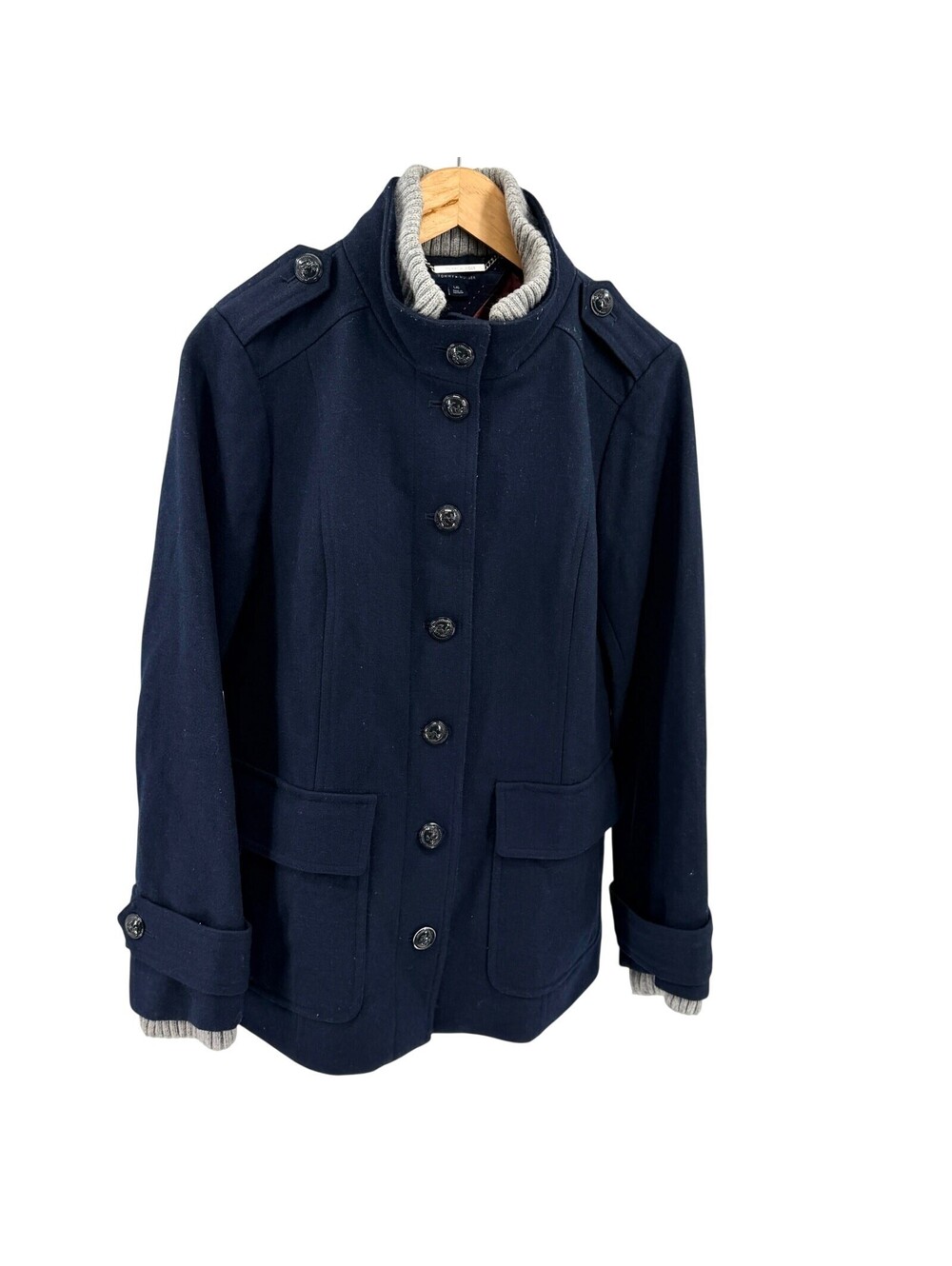 Tommy Hilfiger Navy Blue Grey Knit Trimmed Preppy Peacoat